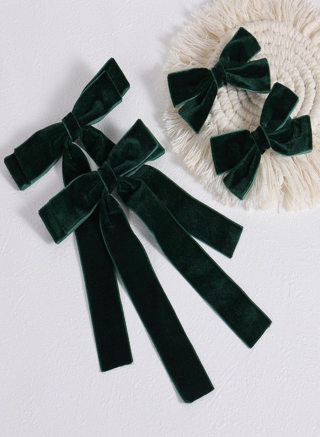 ميروكش مشابك شعر مخملية مزينة بفيونكات، 4 قطع، ألوان متنوعة، مقاسان: 4.5 بوصة و3.14 بوصة، فيونكات طويلة، مشابك شعر على شكل فيونكة، إكسسوار ذيل حصان للزي المدرسي، طقم هدايا للبنات والفتيات والمراهقات والنساء (أخضر داكن) - Image 2